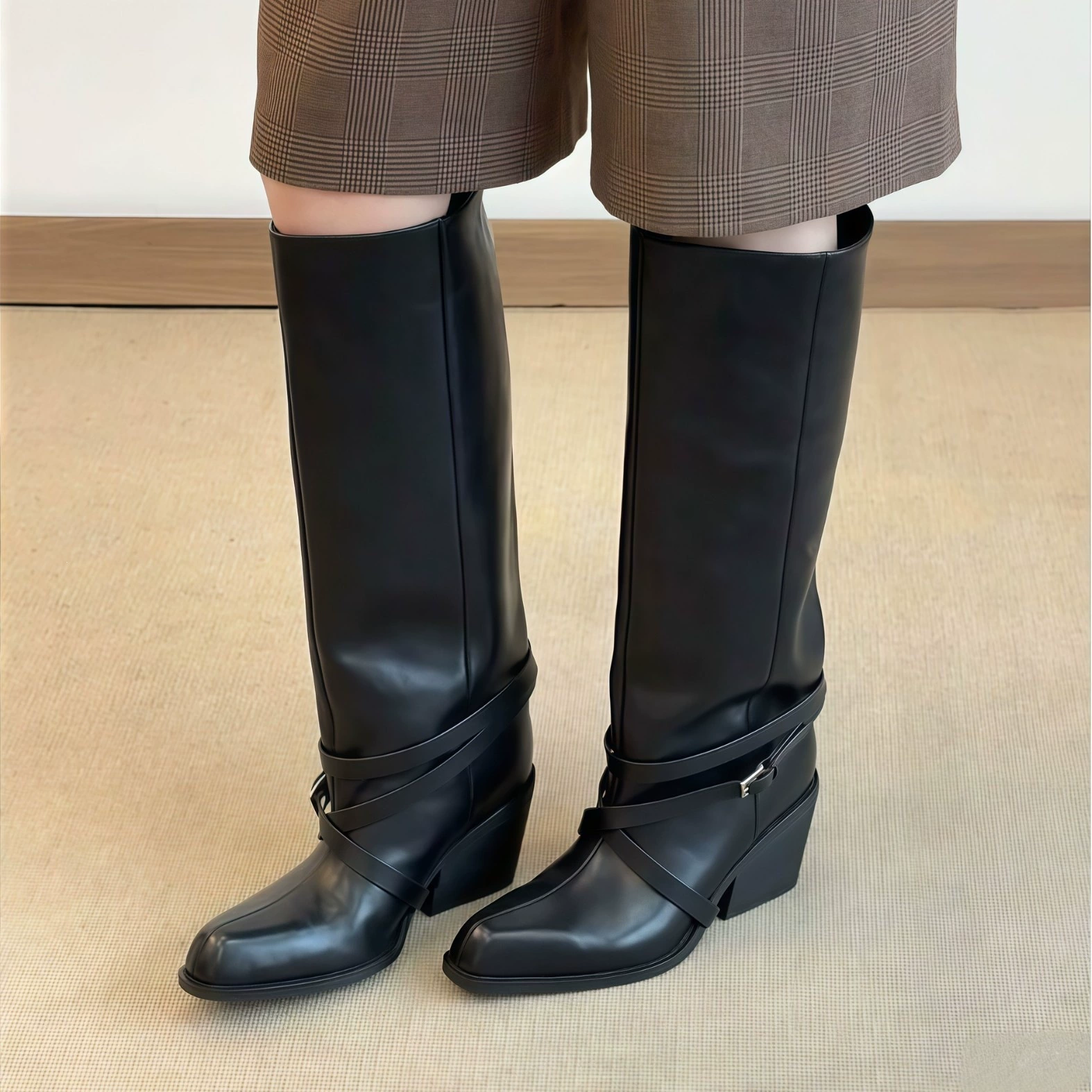 Chuyuji Zhai Nv Same Style Boots Low Heel Knee High Boots Women Winter Long Boots Riding Boots