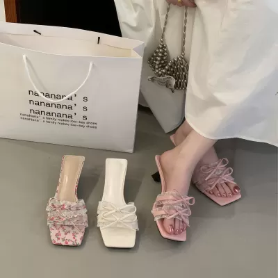 Chuyuji French Butterfly Knot Stiletto Sandals Women 2026 Summer New Mid Heel Lace Ankle Strap Sandals · YANYAN China shoe factory