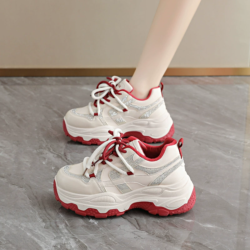 2026 Spring Fall Women's Height Increasing Dad Sneakers, Breathable Rhinestone Thick Sole Casual Shoes