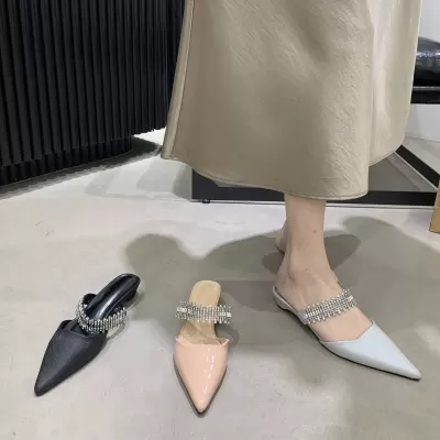 Chuyuji Summer Unni Rhinestone Ankle Strap Fairy Closed Toe Half Slippers Women Block Heel Mules · YANYAN China shoe factory