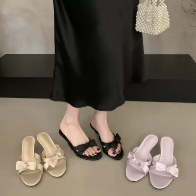 Chuyuji Women's Bow Stiletto Heel Slippers 2026 Summer Satin Toe Thong Sandals · YANYAN China shoe factory