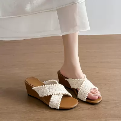 Women's Wedge Slide Sandals Summer 2026 New Dress French Thick Sole Cross Woven · YANYAN China shoe factory