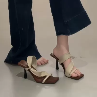 Chuyuji Women's High Heel Square Toe Sandals 2026 Summer Korean Style Casual Slippers · YANYAN China shoe factory