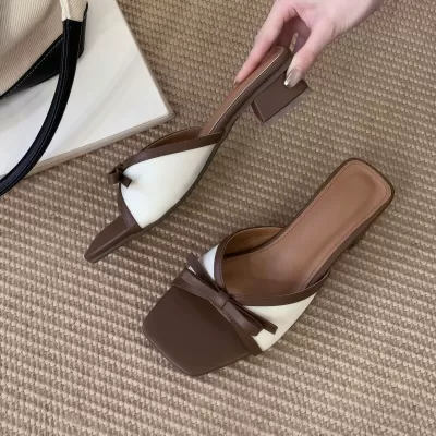Chuyuji Women's Chunky Heel Chanel Style Thong Sandals 2026 Summer Square Toe Bow · YANYAN China shoe factory