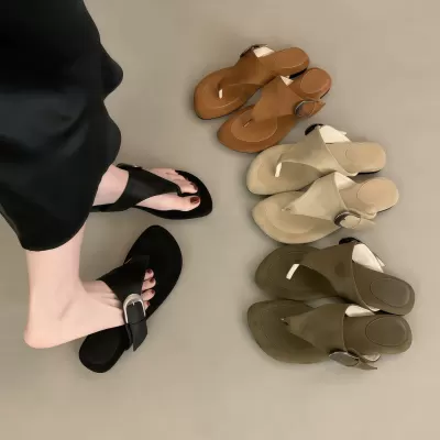 Chuyuji Women's Korean Buckle Thong Sandals 2026 Summer Flat Non-Slip Slippers · YANYAN China shoe factory