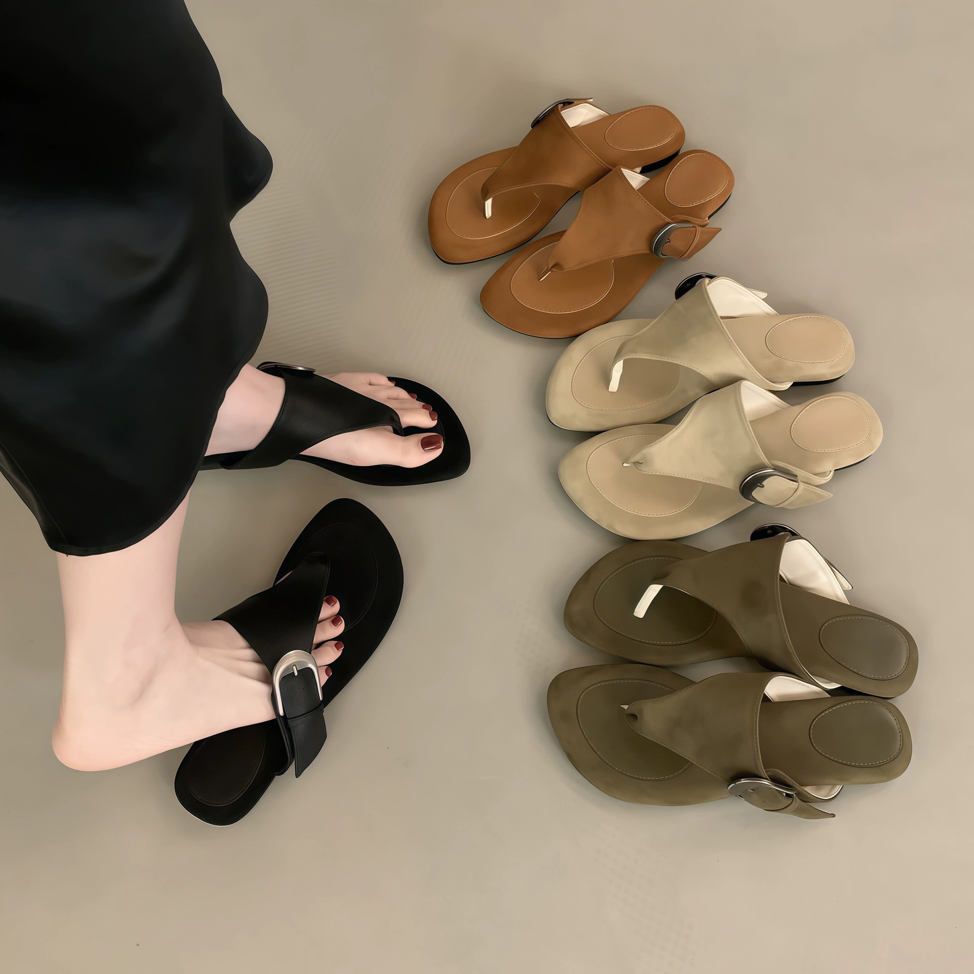Chuyuji Sandalias de Tira Coreanas para Mujer, Verano 2026, Chanclas Planas Antideslizantes