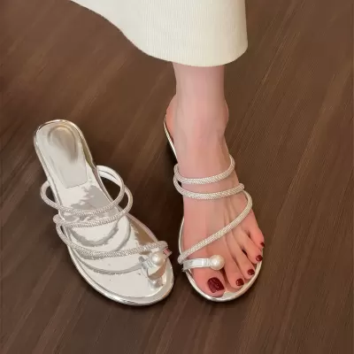 Chuyuji Women's Wedge Silver French Slippers Rhinestone Toe Sandals 2026 Summer · YANYAN China shoe factory