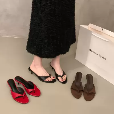 Chuyuji French Kitten Heel Red Toe Strap Sandals Women Summer 2026 Elegant Black · YANYAN China shoe factory