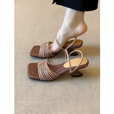 Chuyuji Square Toe High Heel Vacation 2-Way Sandals Women Hollow Woven Strap Summer