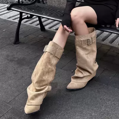 Chuyuji French Retro Wide Calf Pointed Chunky Heel Boots Women Rivet Belt Buckle Design · YANYAN China shoe factory
