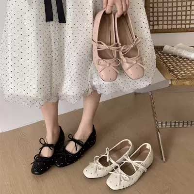 Chuyuji Women's Retro Rivet Mary Jane Shoes with Inner Height, Ballet Bow, One-Piece · YANYAN China shoe factory