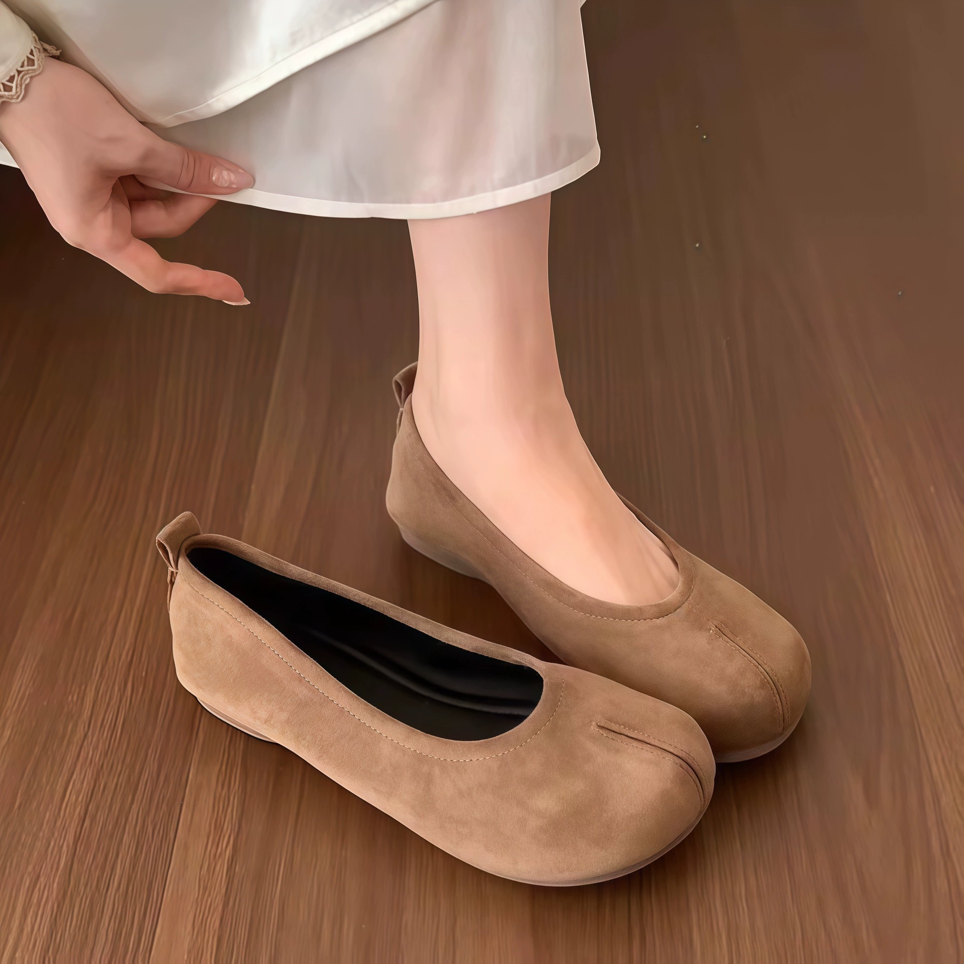 Chuyuji Femmes Ballerines Plates Rétro Françaises en Cuir Souple pour Robes, Bout Fendu à Enfiler