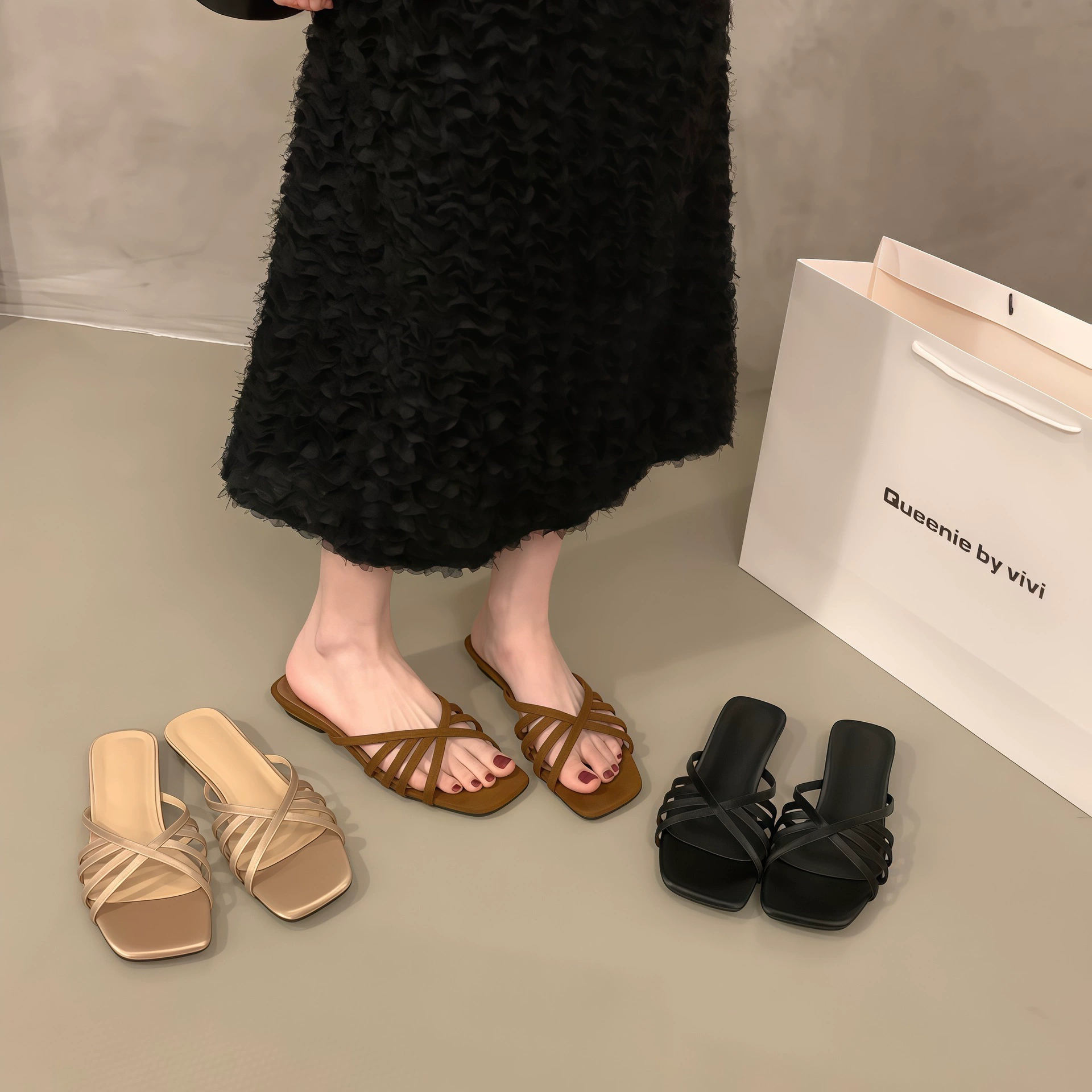 Chuyuji Femmes Sandales Compensées Bout Carré Nœud Français Une Bride pour Robes