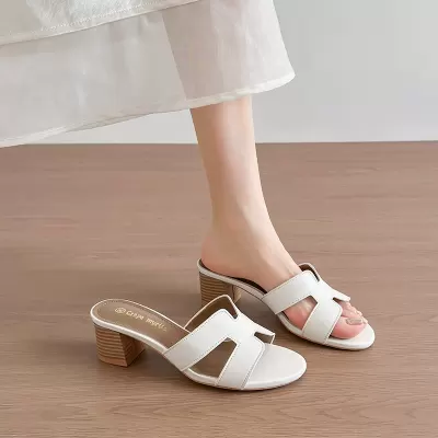 Women's 2026 Summer New Chunky Heel Slides Soft Sole 5cm Woven Beach Sandals