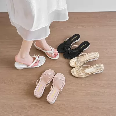 Women's Soft Leather Summer 5cm Wedge Bow Flip Flops French Beach Slides New · YANYAN China shoe factory