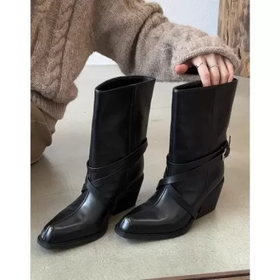 Women's Vintage Cowboy Boots with Buckle Strap Short Boots Chunky Heel Riding Boots · YANYAN China shoe factory