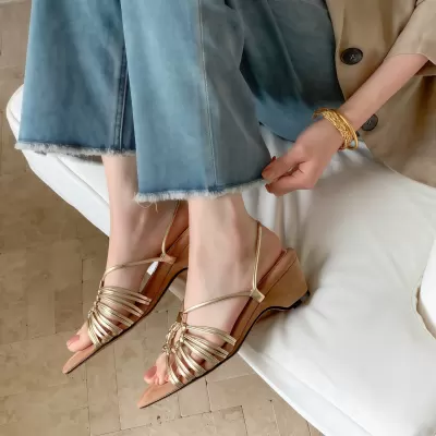 Women's French Pointed Toe Woven Roman Sandals 2-in-1 Wedge Heel Summer · YANYAN China shoe factory