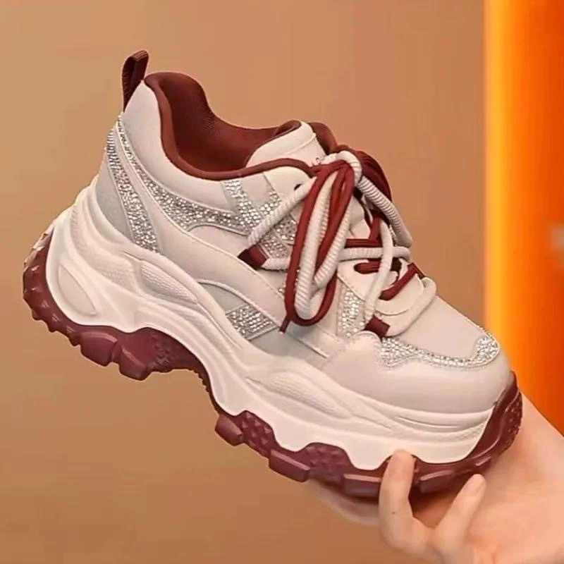 2026 Spring Fall Women's Height Increasing Dad Sneakers, Breathable Rhinestone Thick Sole Casual Shoes