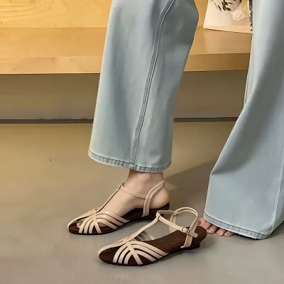 Women's French Retro Woven Nude Peep Toe Sandals Low Wedge Ankle Strap · YANYAN China shoe factory
