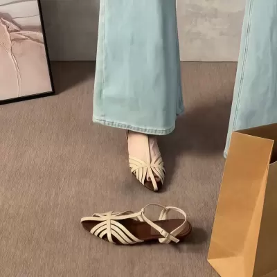 Women's French Retro Woven Pointed Toe Flat Roman Sandals Summer Designer · YANYAN China shoe factory