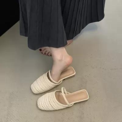 Women's Low Heel Closed Toe Mules Slip-On Woven Bohemian Backless Shoes · YANYAN China shoe factory