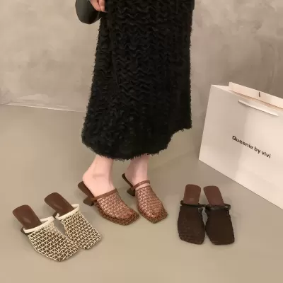 Women's French Fishnet Closed Toe Mules 2026 Summer Mid Heel Woven Lace Up · YANYAN China shoe factory