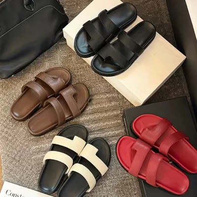 Women's Soft Leather Row Style Toe Loop Slides Summer Casual Simple Beach Thick Sole