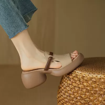 Women's Thick Sole Soft Leather Slides Summer Genuine Leather Chunky Heel Open Toe