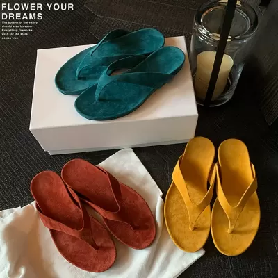 Women's Summer Toe Ring Flip Flops Suede Simple Fashion Comfortable Flat Beach Slides