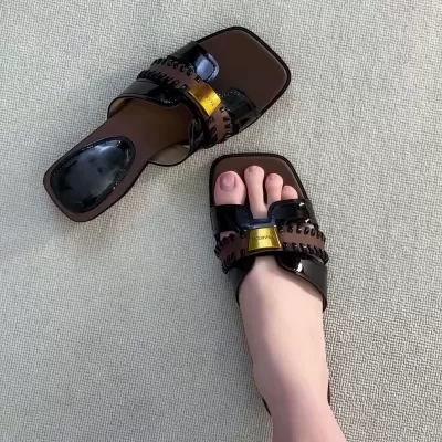 Women's Retro Metal Buckle Woven Square Toe Open Sandals Summer Slip-On Anti-Slip · YANYAN China shoe factory