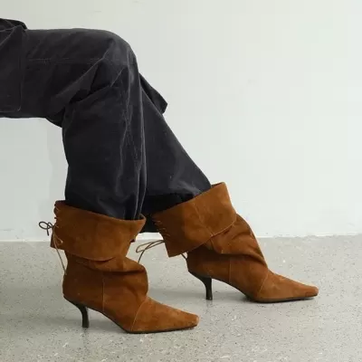 Women's Brown Pointed Toe Short Boots Spring Summer New Cowhide Stacked Heel · YANYAN China shoe factory