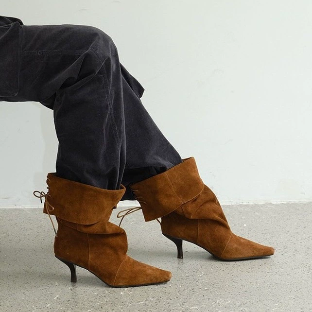 Bottines brunes à bout pointu, printemps-été, nouveau cuir de vache, talon compensé