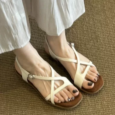 Women's Soft Leather French Retro Cross Thin Strap Open Toe Sandals Square Toe Chunky Heel · YANYAN China shoe factory