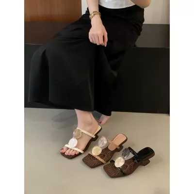 Women's 2026 Summer Metal Buckle Mid Heel Slide Sandals Wedge High Heel for Dress · YANYAN China shoe factory