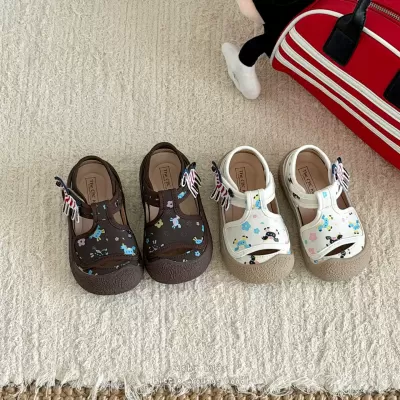 XSHX Happy Pony Children's Korean Retro Toe Cap Anti-Kick Natural Rubber Soft Sole Anti-Slip Spring Summer Boys Girls