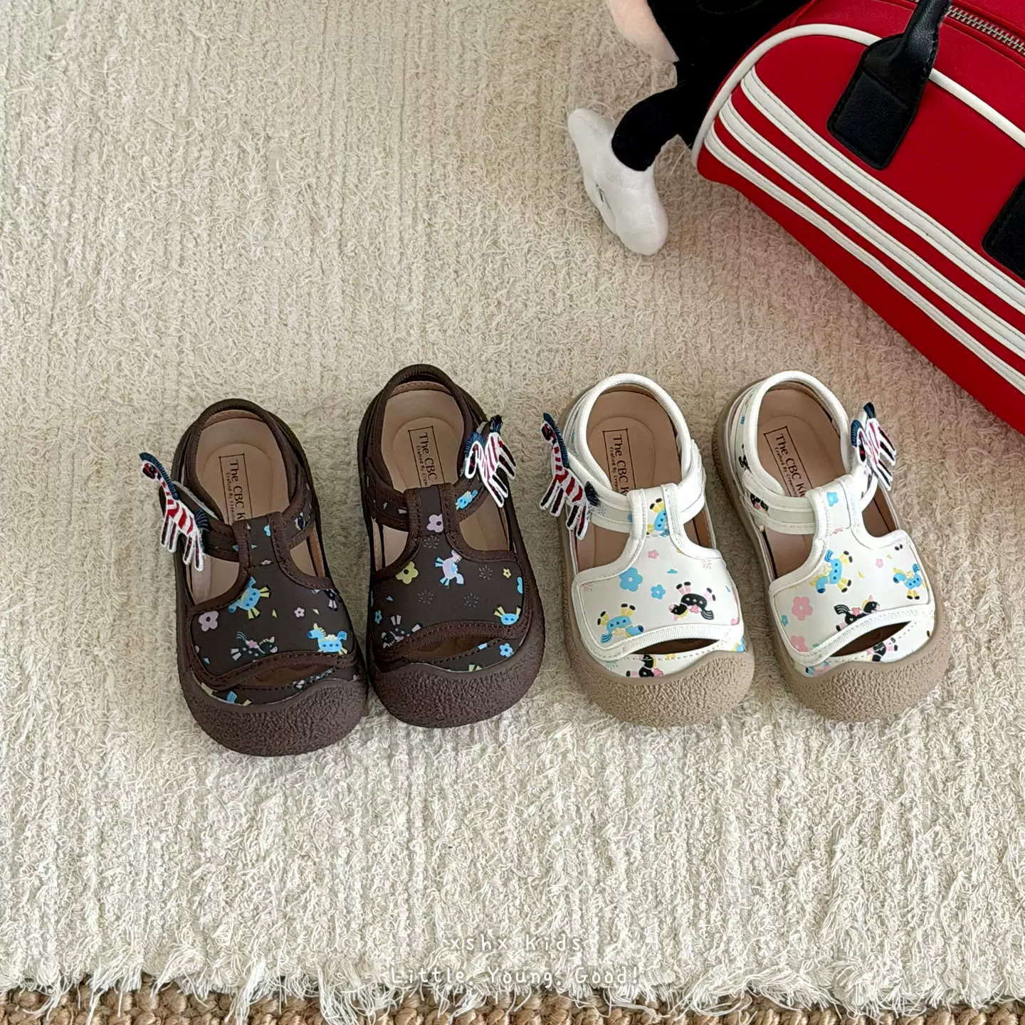 XSHX Happy Pony Children's Korean Retro Toe Cap Anti-Kick Natural Rubber Soft Sole Anti-Slip Spring Summer Boys Girls