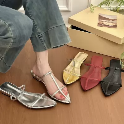 Women's Fashion Pointed One-Strap Chunky Heel Slide Sandals Summer 2026 Slim Flat