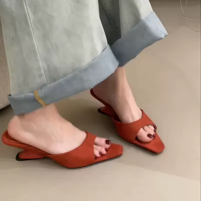 Women's French Retro Simple Velvet Open Toe Wedge One-Strap Slides Summer Mid Heel