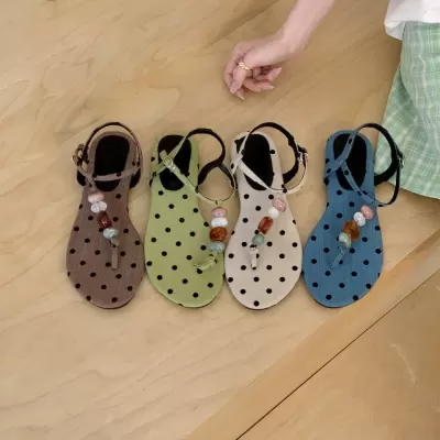 Women's Korean Polka Dot Thong Roman Sandals, 2026 Summer Beach Flat · YANYAN China shoe factory
