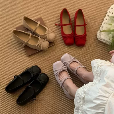 Ballerines en velours froissé pour femme, bout carré, nœud, Mary Jane