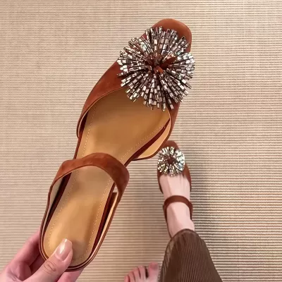 Women's Crystal Buckle Mules, Chunky Heel Mary Jane Slides · YANYAN China shoe factory