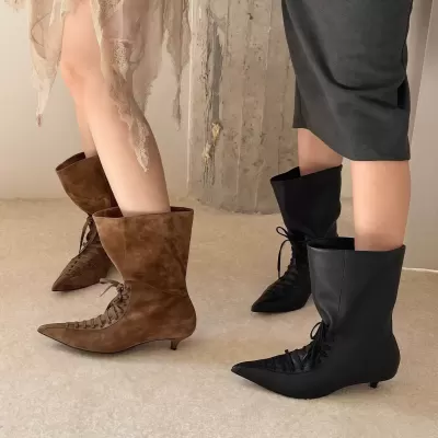 Women's Simple Pointed Toe Lace Up Witch Boots, 2026 New Skinny Boots · YANYAN China shoe factory