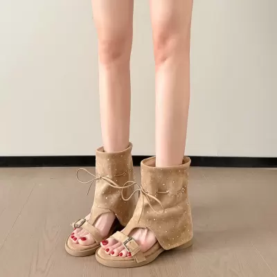 Women's Bow Stacked Ankle Boots, Summer Thin Breathable Inner Height · YANYAN China shoe factory