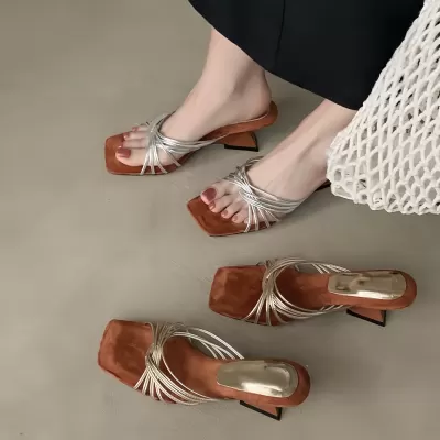 Women's French Woven Strap Wedge Slides, Retro Square Toe High Heel · YANYAN China shoe factory