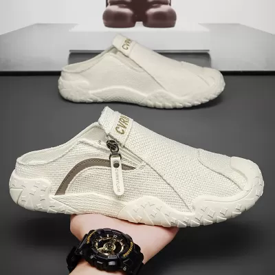 Men's Summer Canvas Half Slippers, Breathable Anti-Slip Driving Shoes, Slip-On Casual Sneakers