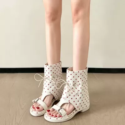 Polka Dot Lace Up Bootie Sandals Platform Wedge Heel Women Summer Breathable · YANYAN China shoe factory