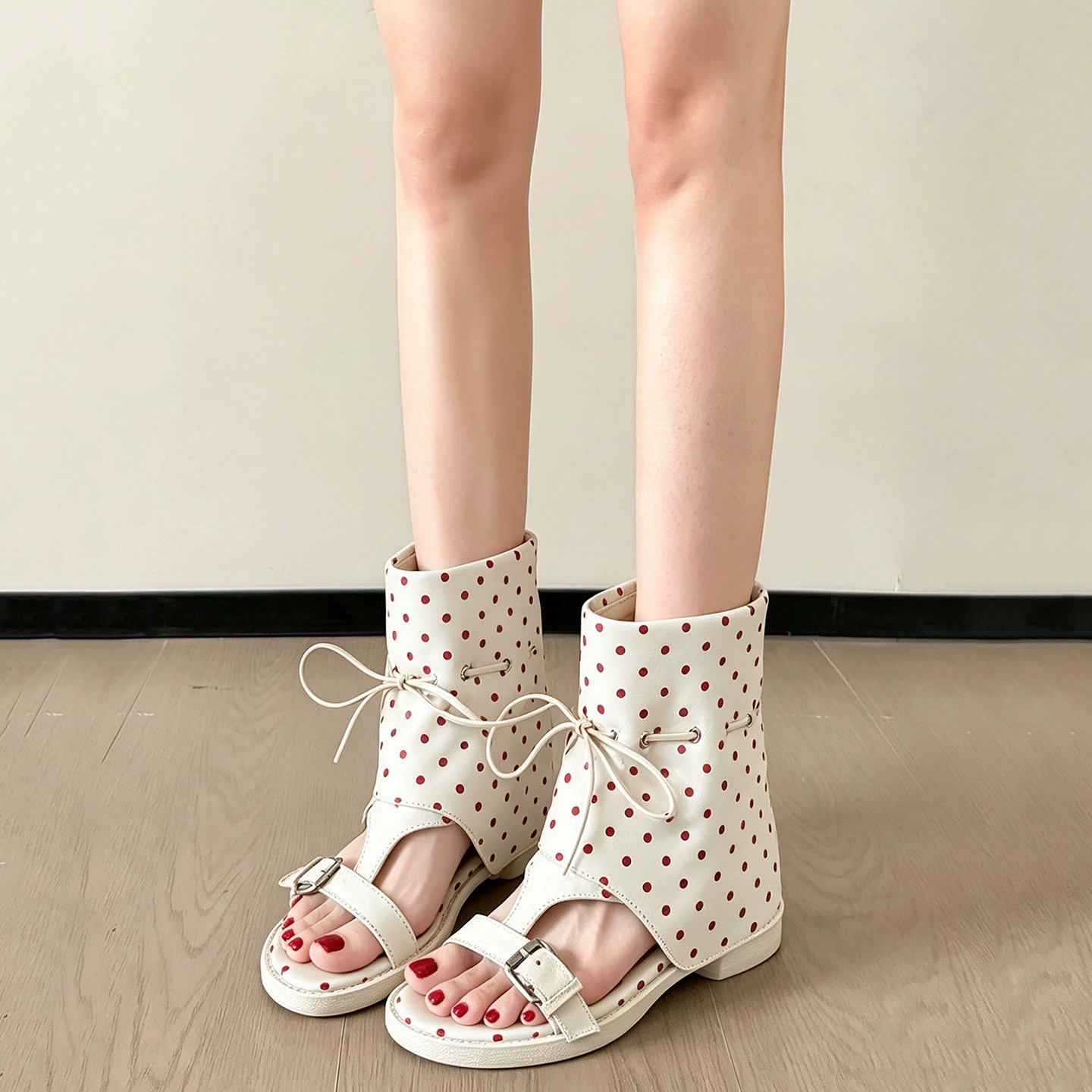 Polka Dot Lace Up Bootie Sandals Platform Wedge Heel Women Summer Breathable