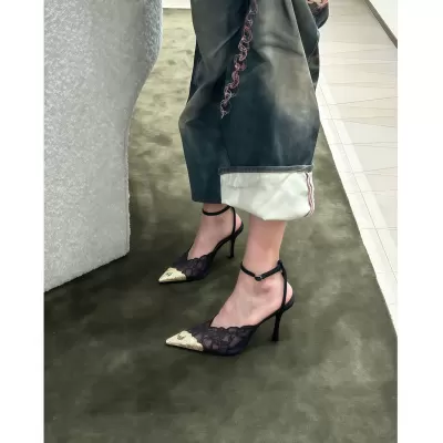 Black Lace Stiletto Heel Sandals Women 2026 Spring Summer Sexy Metal Pointed · YANYAN China shoe factory