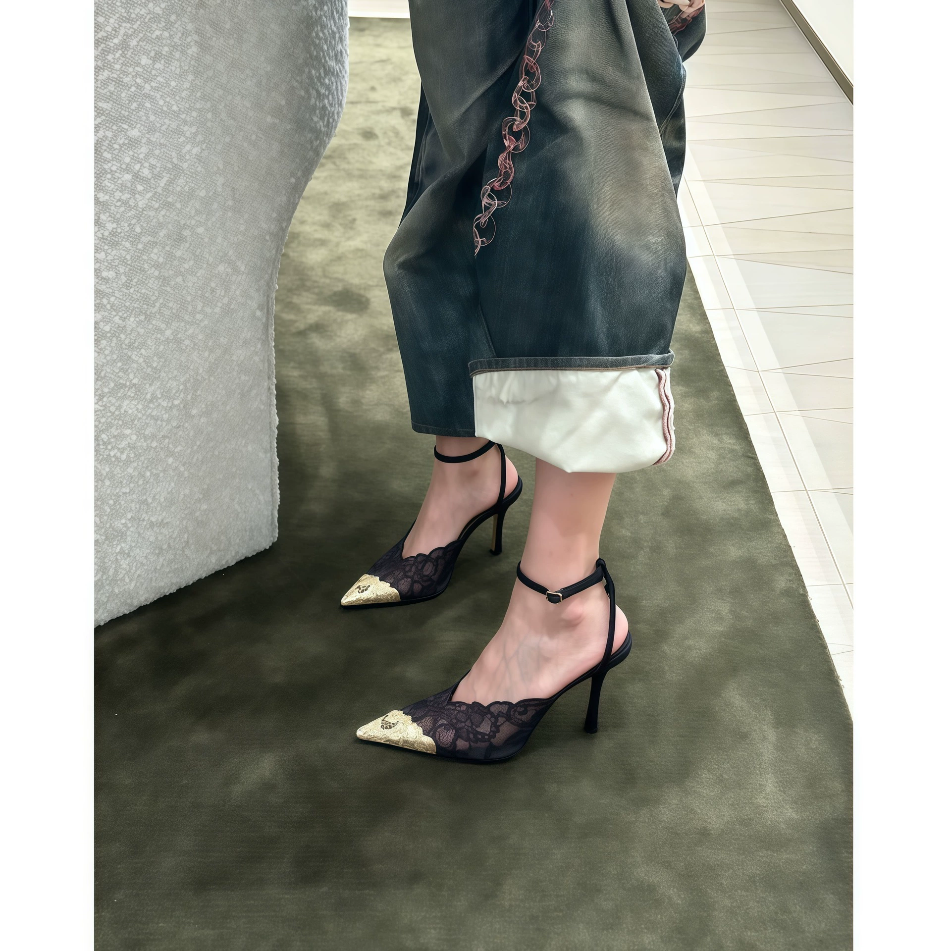 Sandálias Salto Stiletto Cadarço Preto Feminino 2026 Primavera Verão Sensual Metal Bico Fino