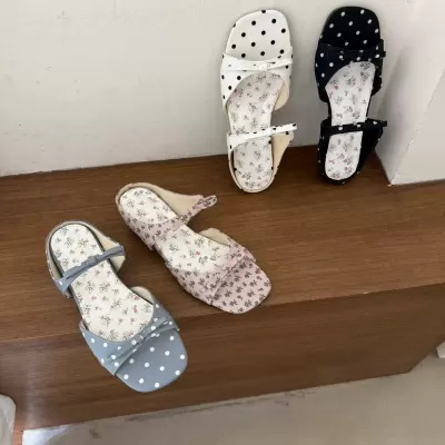 Korean Polka Dot Flower Print Slide Sandals Women 2026 New Platform Bow